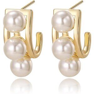 14K Gold-Plated Triple Pearl Drop Earrings – Elegant, Hypoallergenic